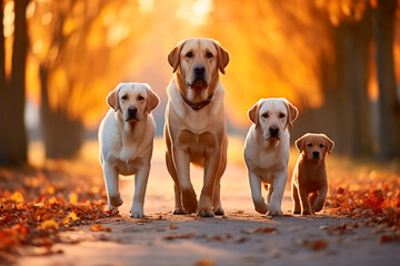 A family of labrador dogs on a walk in the park. Nice photo of purebred dogs