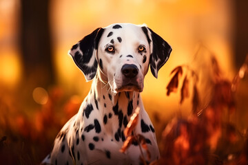 A beautiful Dalmatian dog on a beautiful natural background. A dog on a walk in the park
