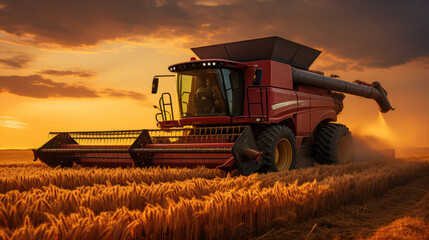 a combine harvester mows a wheat field at a sunset.
