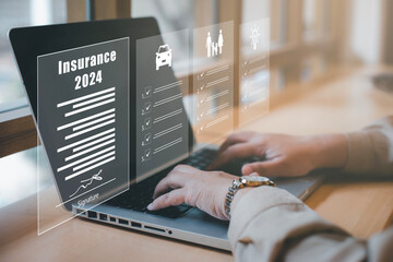 2024 Insurance form agreements concept, Businessman signs insurance contracts  e-signing digital online, document management, concerning mortgage loan offer for and house insurance