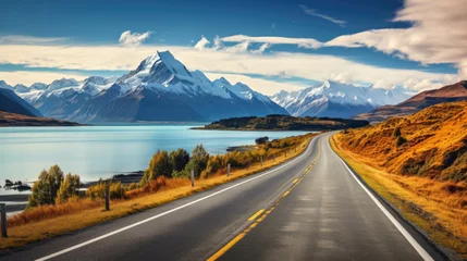 Foto auf Acrylglas Aoraki/Mount Cook a course of a road with a lake and mountains in the background.