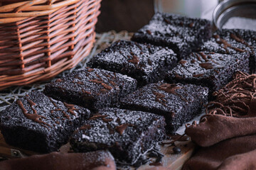 Creative photography of brownies. Perfect composition of brownies and ingredients.