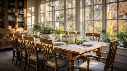 Fototapeta na wymiar Dining room with rustic décor, a combination of modern and rustic style