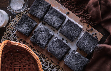 Creative photography of brownies. Perfect composition of brownies and ingredients.