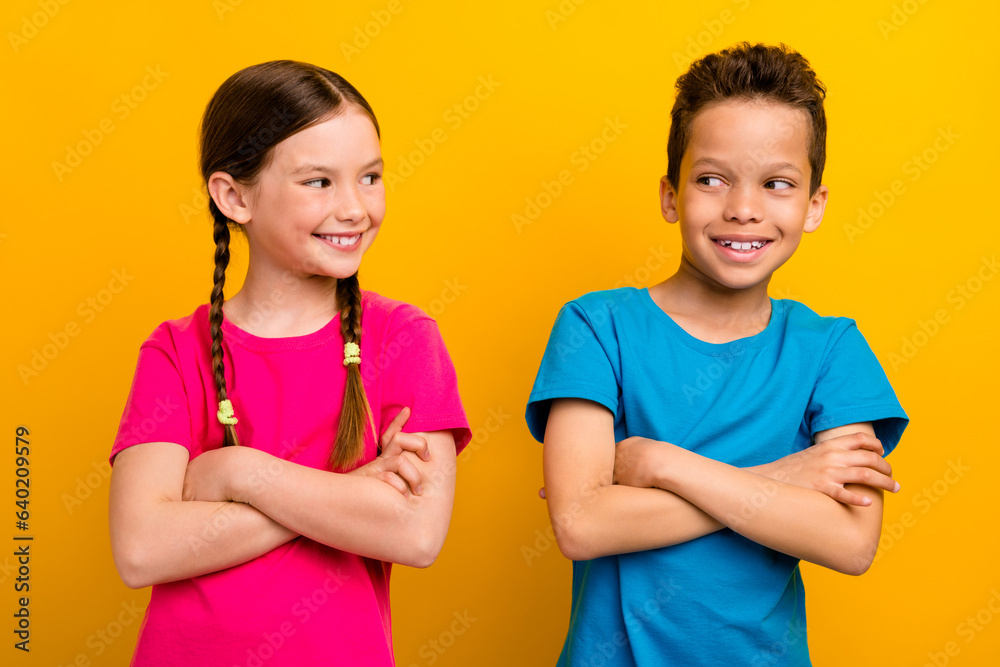 Poster photo of cunning cute preteen schoolkids dressed t-shirts arms folded looking each other isolated ye