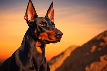 A beautiful Doberman dog on a beautiful natural background. A dog in the park on a walk