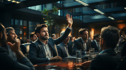 Meeting with business people hands raised.