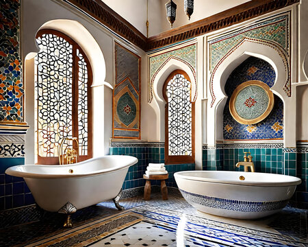 historic bathroom in a luxurious moroccan villa, historical tiles, orient style - generative ai