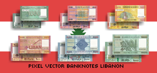 Vector set of mosaic pixelated Lebanon banknotes. Notes in denominations of 1000, 5000, 10000, 20000, 50000 and 100000 pounds, lire or livres. Flyers or play money.