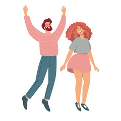 Happy jumping man and woman. Flat Illustration on transparent background