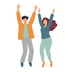 Fototapeta premium Happy jumping man and woman. Flat Illustration on transparent background
