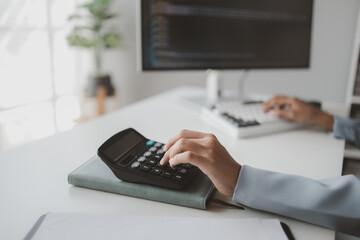 Person working with documents on desk, accountant checking company budget accounting documents,...