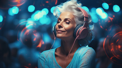 Mature woman delighting in music using large headphones, lost in the rhythm