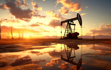 Naklejka premium Oil pump oil rig energy industrial machine for petroleum in the sunset background for design. AI generated