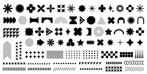 Brutalism abstract geometric shapes. Vector set of retro y2k minimal graphic icons, logos, design elements