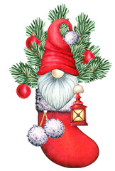 Christmas Gnome. Merry Christmas Gnome. Gift Gnome. Watercolor Gnome