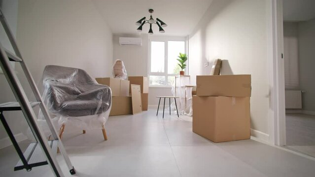 Beautiful empty room. Interior of cozy spacious flat. Renovation of modern apartment. Wide view of flat after renovation. Wide vision of well designed apartment after repair. Updated flat.
