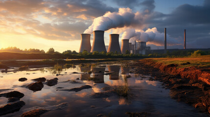 cooling towers of an electricity generating nuclear power plant which produce a lot of white smoke in the evening with a puddle of water in the foreground.