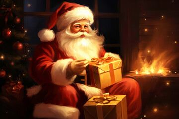 Fototapeta na wymiar Santa Clause with gifts, christmas illustration