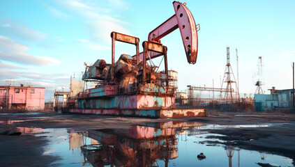 Fototapeta na wymiar Landscape with oil pump under blue sky with clouds in a sunny day. AI generated
