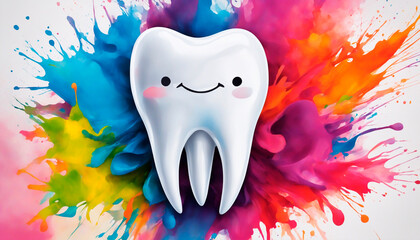 Tooth with smile on watercolor splash background