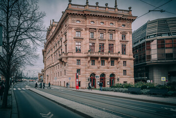 Fototapeta na wymiar PRAGUE, CZECH REPUBLIC Prague City Center. Red tram in Prague, Czech Republic.