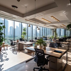 Fototapeta premium modern natural material and creative design working space working room in modern office interior design decorating with wooden laminate and wooden loose furniture office design ideas