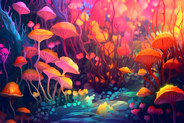Mushroom forest in the light of the sun. AI Generative