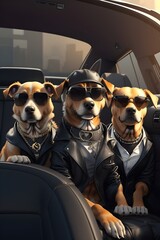Three gangsta dogs with sunglasses sitting on the seat of limousine. Generative AI
