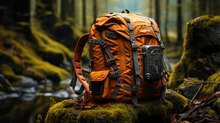 Fototapeta na wymiar Backpack in the forest.