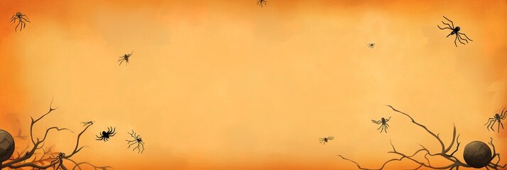 Orange halloween banner with spiderwebs and blank space for text.