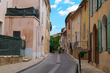 Ancient residential district with historic architecture and charming alleys of famous wine making village of Chateauneuf-du-Pape near Avignon, Provence-Alpes-Cote d'Azur, France. Medieval buildings