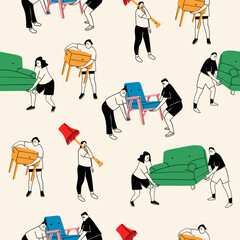 People with various furniture. Movers carrying sofa, armchair, commode, floor lamp. Cute characters. Cartoon style. Hand drawn Vector illustration. Square seamless Pattern. Background, wallpaper
