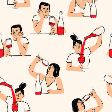 People drink Wine from the glass. Person sitting with bottle of alcohol. Hand drawn Vector illustration. Hangover, addiction, bad habit, mood, alcoholism concept. Square seamless Pattern