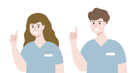 Fototapeta premium Set of Smiling Medical Staff Showing thumbs up sign. Confident people in uniform with positive hand gesture. Medicine, healthcare, treatment concepts. Flat cartoon vector design isolated illustration.