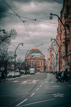 PRAGUE, CZECH REPUBLIC Prague City Center. Red tram in Prague, Czech Republic.