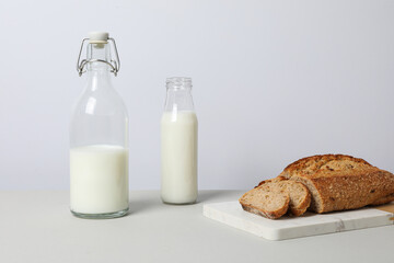 Breakfast tasty food concept - milk with bakery products