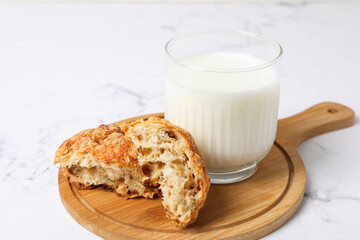 Breakfast tasty food concept - milk with bakery products