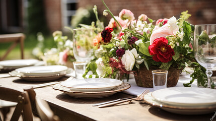 Table decor, holiday tablescape and dinner table setting in countryside garden, formal event decoration for wedding, family celebration, English country and home styling
