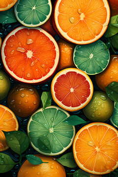 Top down view of assorted citrus fruits including grapefruit, oranges and limes.