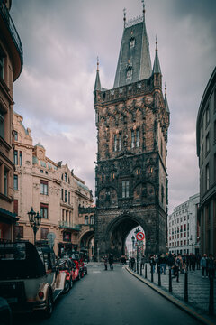 PRAGUE, CZECH REPUBLIC Prague City Center. Red tram in Prague, Czech Republic.