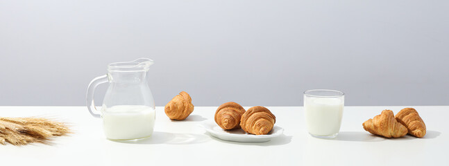 Breakfast tasty food concept - milk with bakery products