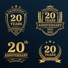 10 years anniversary icon or logo set. Vintage birthday banner design. 10th anniversary jubilee celebration golden badge or label collection. Vector illustration.