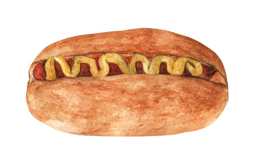 Watercolor painting of Hot dog with mustard.
