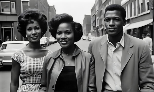 A couple a black man and woman, posing for photo on a street in 1960s retro style beautiful black couple