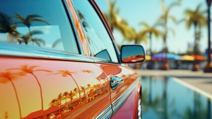 Palm trees reflected in the body of a car parked by the pool