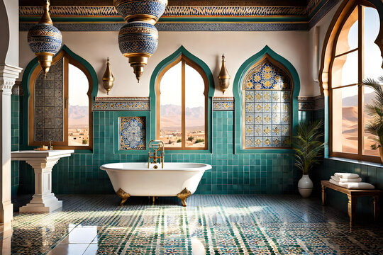 historic bathroom in a luxurious moroccan villa, historical tiles, orient style - generative ai