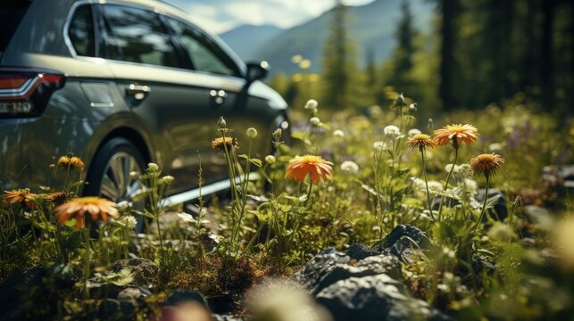 A car parked in a vibrant field of wildflowers