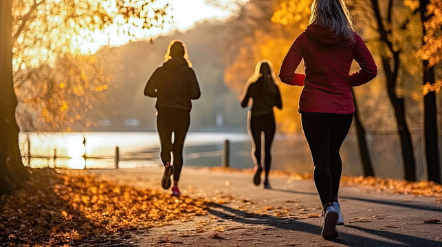 Autumn Morning Fitness: Group of Girls Running in the Park - Generative AI