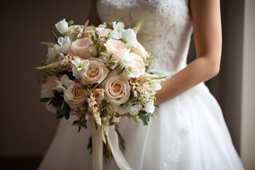 The bride is grasping her bridal bouquet